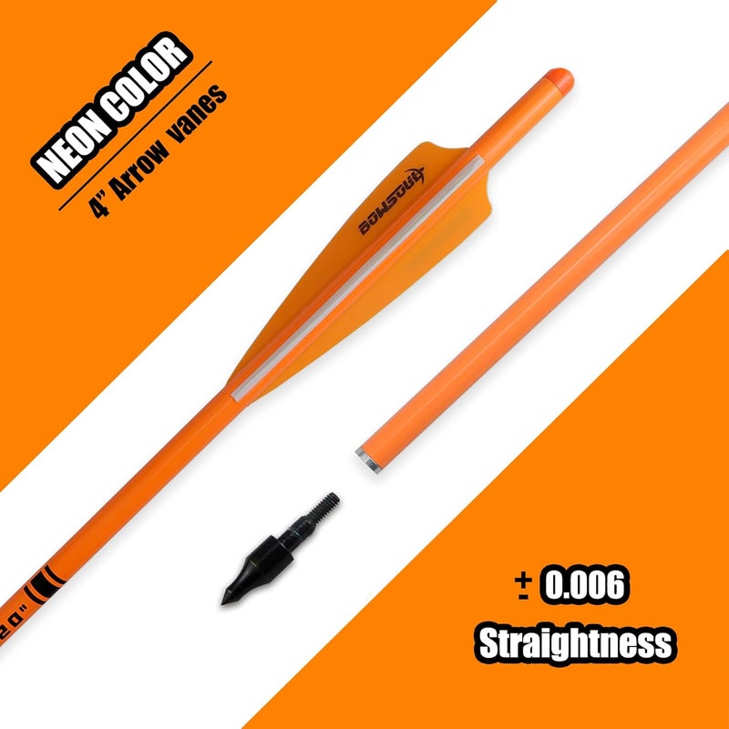BOWSOUL Crossbow Bolts 20inch Fluorescence Color Carbon Crossbow Hunting Arrows with 4" Vanes and Replaced Arrowhead(12 Pack) - Image 2